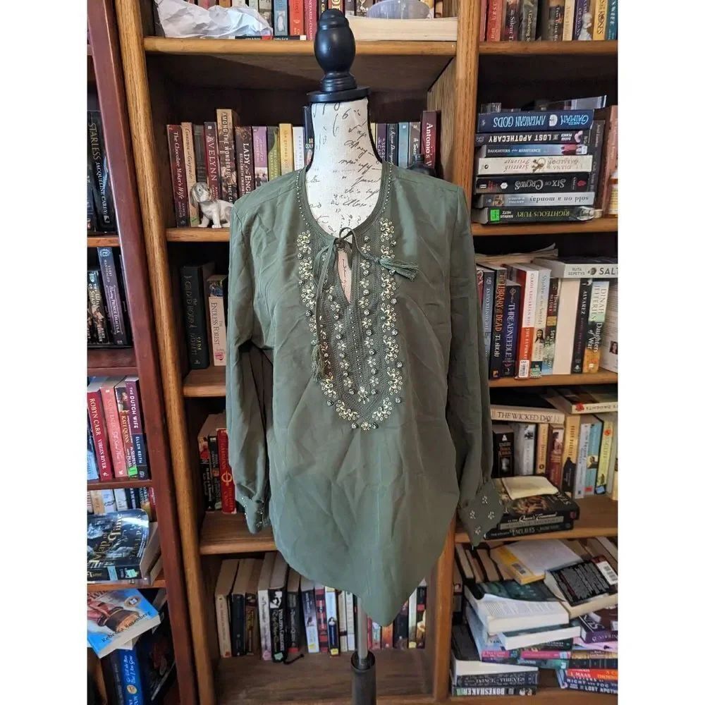 Chico's green poet sleeve modal blouse with rhinestone accent sz 2 nwot